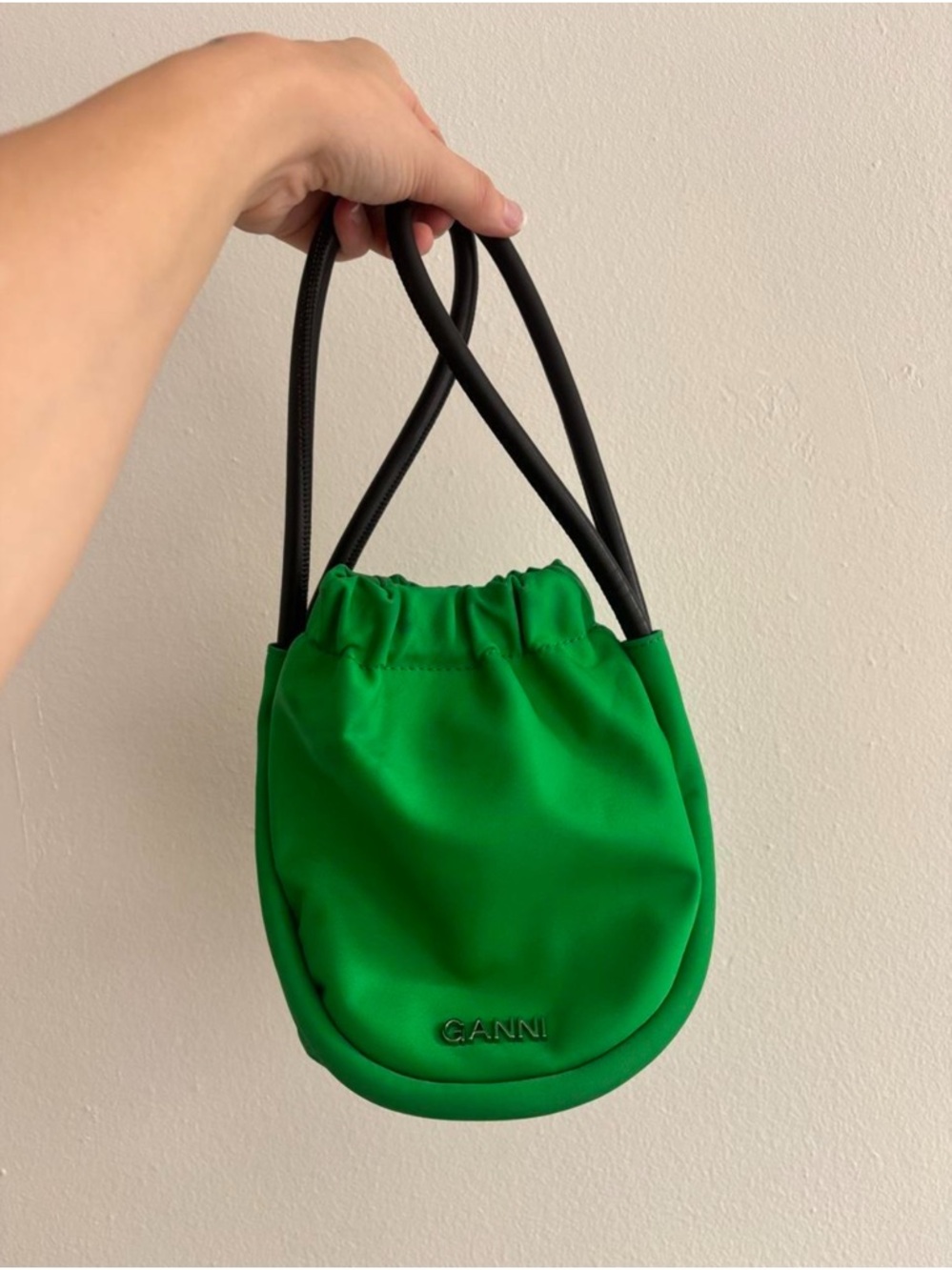 Ganni Bright Green Drawstring Mini Bag with Black Straps